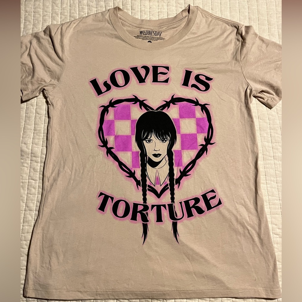 Wednesday Addams Graphic T-Shirt Size Medium, Tan with Pink and Black graphics